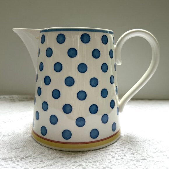 VILLEROY & BOCH “Twist Anna” 40 Oz Pitcher - Yellow & Orange Bands, Blue Dots - Picture 1 of 4